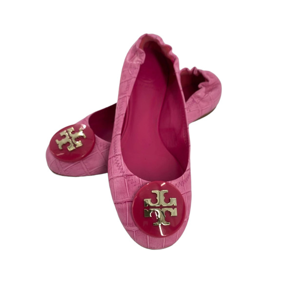 Tory Burch Shoes - Tory Burch Minnie Croc Embossed Ballet Leather Flats w/ Gold/Pink Logo Size 8.5